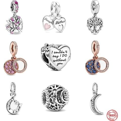 New blue green Pink Heart Family Tree Dangle Openwork Sun, Stars & Moon diy Bead fit original Pandora charms silver 925 Bracelet