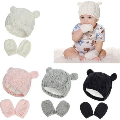 Baby Hat and Mittens Set Kids Knitted Cotton Beanie Cap Winter Warm Boys Girls Double Pompom Hats Gloves