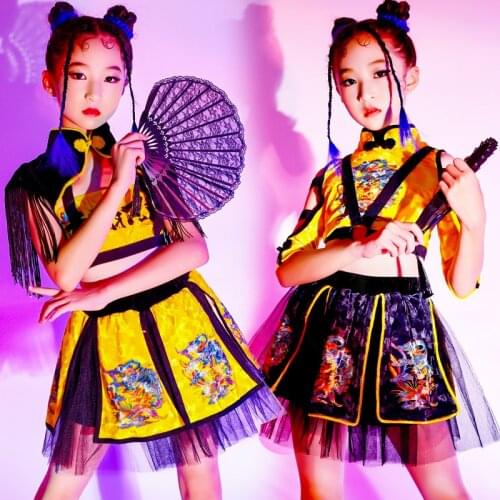 Kids Jazz Costumes Girls Hiphop Clothing Chinese Style Retro Ballroom Dance Costume Catwalk Cheerlead Performance Wear DNV14139