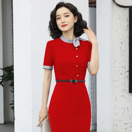 Elegant Patchwork Women Dresses Summer Short Sleeve Business Work Wear Dress Ladies Vestidos with Belt Plus Size 6XL