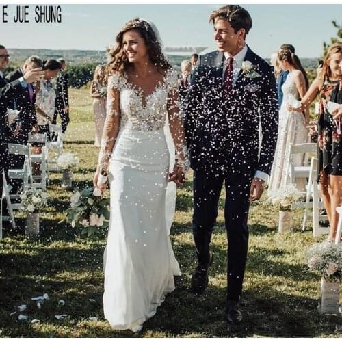 JIERUIZE Elegant Wedding Dresses Sheer Scoop Neck Long Sleeves Bridal Gowns Lace Up Back Appliques High Split Vestido de noiva
