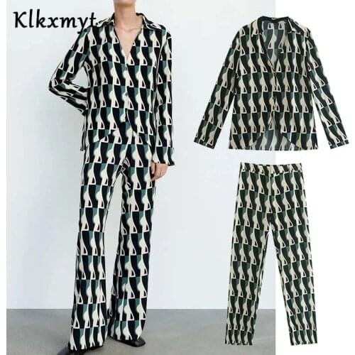 Klkxmyt Za Woman Suit 2021 Vintage Geometry Print 2 Piece Sets Women New Fashion Elastic High Waisted Pant Set Female Shirt Suit
