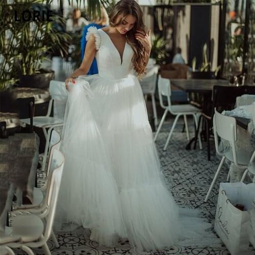 LORIE Simple White Wedding Dresses Tulle 2020 Deep V-Neck A-Line Boho Hem Wedding Gowns Sleeveless Bridal Party Dress plus Size