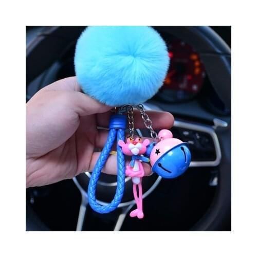 Cute Cartoon Pink Leopard Panther Toys Fur Ball PomPom Keychain Women Leather Strap Metal Key Ring Chains Car Bag Charm D30