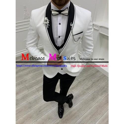2021 Tailor Made Classic Groom Wedding Suits Men White Slim Fit 3-Piece Fashion Party Formal Blazer ( Jacket+Pants+Vest)