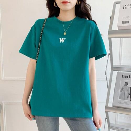 QOERLIN Pure Cotton Embroidered Short Sleeve T-Shirt Women 2021 New All-match Thin Letter Basic Top Chic Green Classic Tees Plus