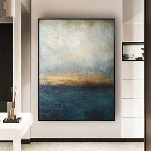 Hand-painted oil painting modern abstract gold foil canvas painting blue gray and white mural home decoration painting wall art