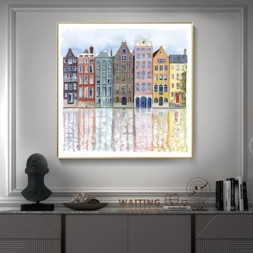 Nordic Watercolor Building Landscape Paintings Wall Art Posters and Prints Scandinavian Picture for Living Room Home Decoration