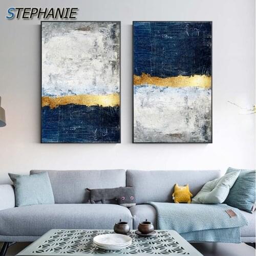 Modern Golden Wall Art Picture Abstract Gold Foil Block Painting Blue Poster Print for Living Room Navy Decor Big Size Tableaux