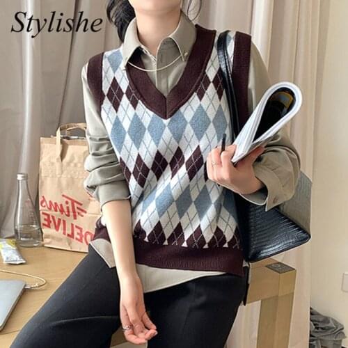 V Neck Argyle Sweater Vest Women Asymmetric Slit Sleeveless Plaid Knitted Sweaters Autumn Vintage Preppy Style 2021 Chic Tops