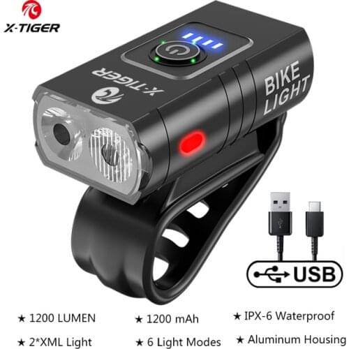 X-TIGER Rainproof Bicycle Light USB Rechargeable LED 1200 Lumens MTB Road Bike Front Lamp Flashlight 1200 mAh Cycling Headlight