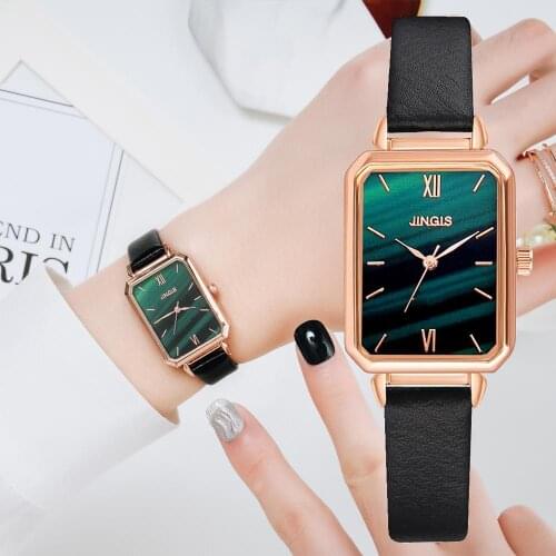 Frauen Mode Vintage Leder Quarzuhr Frauen Einfache Grunes Quadrat Zifferblatt Uhr Casual Damen Kleid Armbanduhren