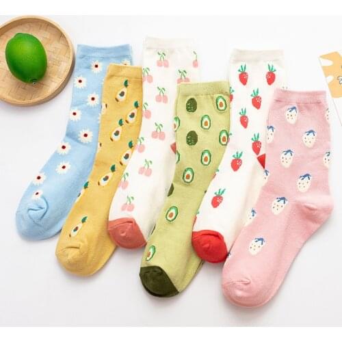 Japanese Cartoon Fruit Creative Crew Socks Women Cotton Strawberry Avocado Cherry Korean Girls Sweet Harajuku Cute Long Socks