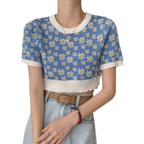 Womens Korean O Neck Tee Flower Print Sweet Casual Exposed Navel Knitted Short-Sleeved T-shirt Tops