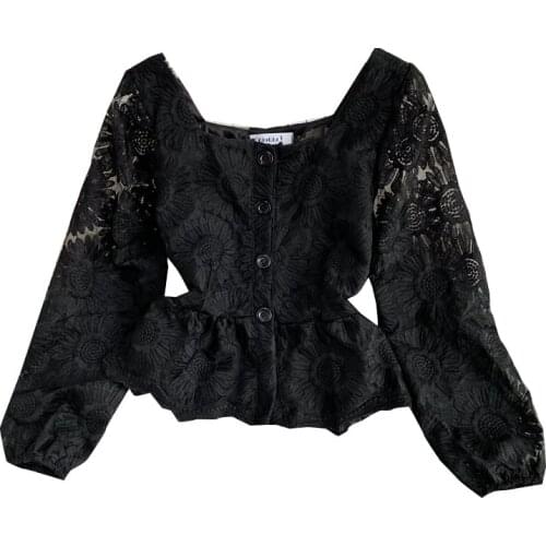 New Spring Autumn Women Square Collar Long Sleeve Short Shirt High Quality Sweet Flowers Embroidery Lace Shirt