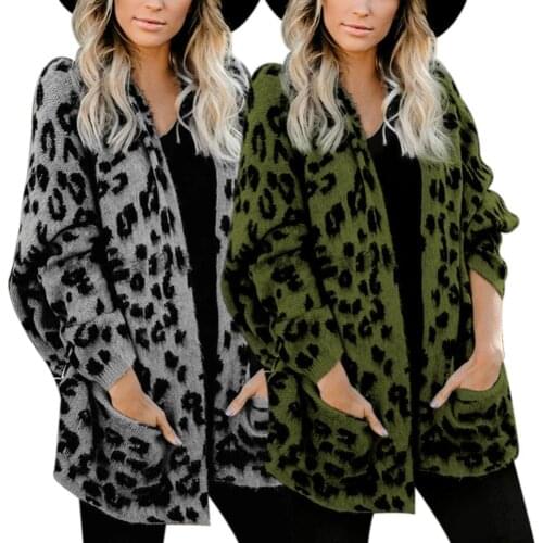 Leopard Print Knitted Cardigan Coat Women Sweater Autumn Open Front Cardigan for Women Knitted Coat with pocket sueters de mujer