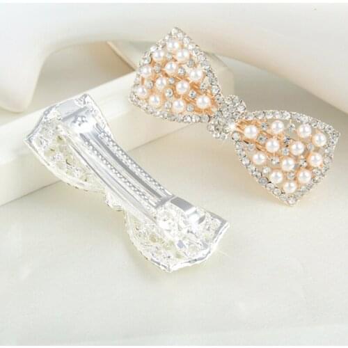 Pearl Bow Knot Hairpin Rhinestone Hair Ornament Spring Clip Accessories Female Dress 180630-2