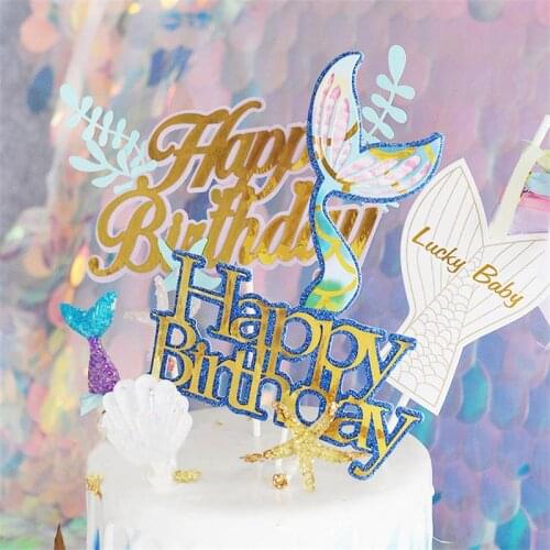 1Pc Laser Pink Green Mermaid Tail Starfish Water Grass Cake Topper For Birthday Party Decoration Baby Shower Dessert Lovely Gift