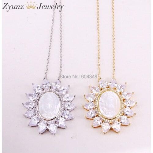 5 Strands ZYZ323-8702 Mother of Pearl carved Mother Mary Jesus Pendant, Crystal Zirconia Oval Shell Pendant Necklace