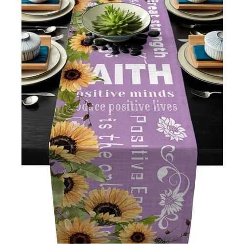 English Alphabet Sunflower Purple Linen Cotton Table Runner Wedding Party Table Runners Dining Room Restaurant Tablecloth