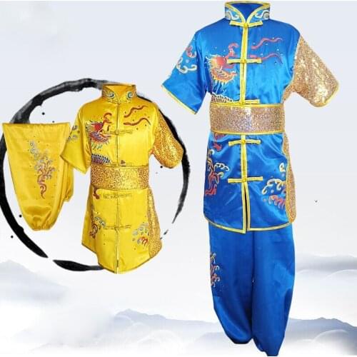Children embroidery dragon kung fu taiji suit kids short-sleeved uniforms tai chi clothing martial arts performances blue/yellow