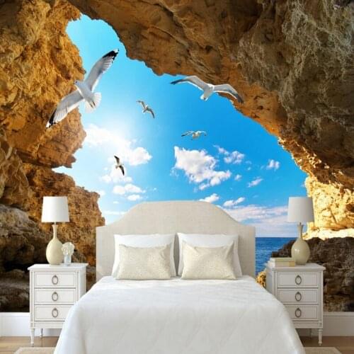 Custom mural 3D sea island cave seagull mural custom natural scenery mural background wall living room restaurant wallpaper