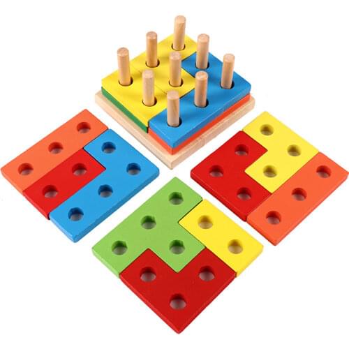 Geometric Shape Sorter Baby Educational Tetris Puzzles Wooden Jigsaw Nesting Pillars Stacking Toys Wood Natural Children Blocks