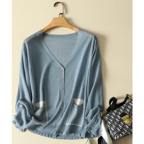 Thin Cotton Linen Knitted Women Cardigan Sumemr New 2021 V-Neck Loose Oversized Pocket Solid Lady Elegant Outwear Coats Tops