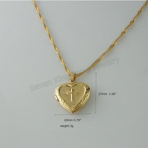 Foromance YELLOW GOLD OVERLAY 18INCH WATER WAVE NECKLACE& JESUS CROSS RELIGIOUS GOD HEART CAN BE OPENED HANGS 1.06" PENDANT