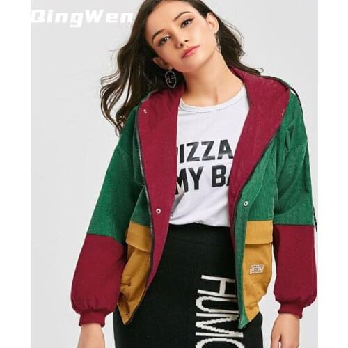 New Autumn Korean BF Student Corduroy Tooling Women Jacket Loose Color Matching Hooded Baseball Oversize Zipper Uniform Coats
