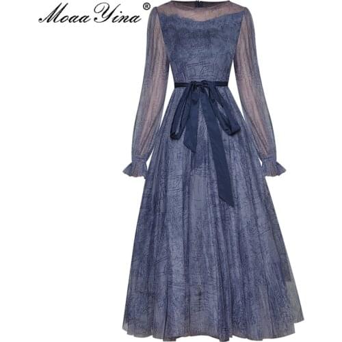 MoaaYina Fashion Designer Summer Womens Dress O-neck Long sleeve Belt Printed High waist Mesh Party Midi Dress Vestidos