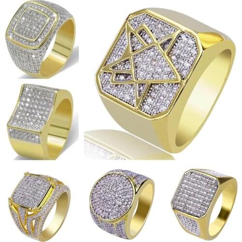 2021 Trendy Golden Full Crystal Geometric Mens Ring Business Style Party Wedding Fashion Jewelry Male Hand Accessories