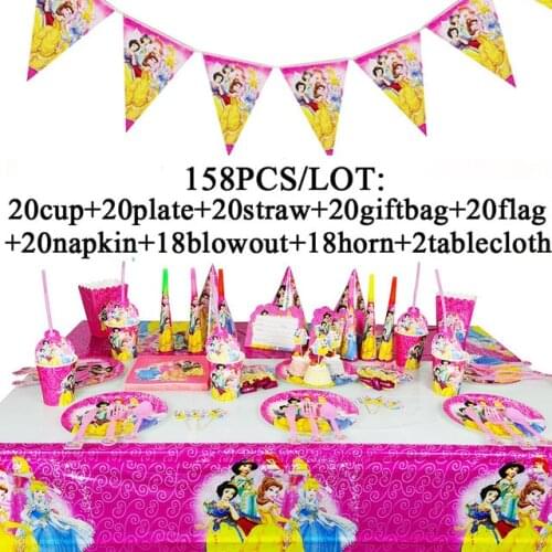 Disney Six Princess Belle Theme Design 158Pcs/Lot Disposable Tableware Sets Girls Birthday Party Theme Party Decoration Supply