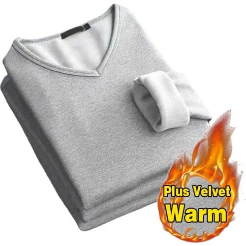 Autumn Winter Plus Velvet Thickening Mens Thermal Underwear Tops Long Sleeve Soft Warm T Shirt Casual V Neck Man Thermal Blouse