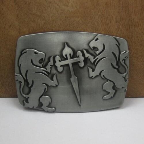 BuckleClub wholesale retro zinc alloy Double lions Cross belt buckle cowboy jeans gift belt buckle FP-03482 pewter finish