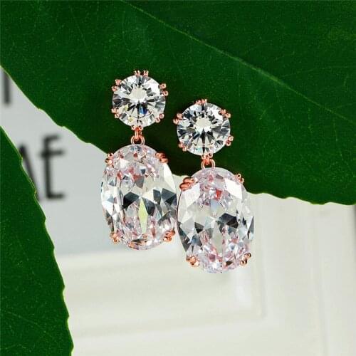 Luxury Female Crystal Oval Zircon Stud Earrings Vintage Rose Gold Wedding Jewelry Big White Blue Black Earrings For Women