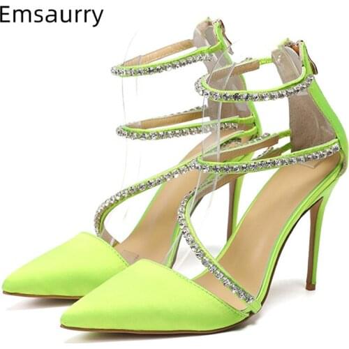 Peppermint Green Satin Gladiator Sandals Women 10cm Thin Heel Pointed Toes Back Zip Jeweled Narrow Band Summer Shoes Woman