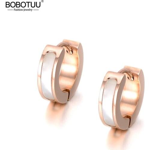 BOBOTUU Black/White Shell Round Hoop Earrings Stainless Steel Rose Gold Color Wedding Earrings Jewelry Gift For Women BE18038