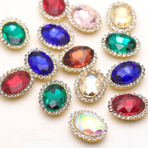 Oval shape Mix color sew on rhinestone 15pcs 10x14mm Glass colorful Rhinestone with golden base claw Flatback diy Cloth dress