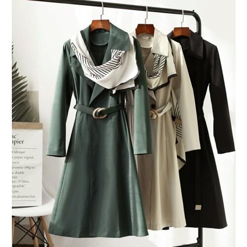 High End Hepburn Show Thin Windbreaker Womens Middle Length 2021 Spring Dress New Style Temperament Close Waist Popular Silk