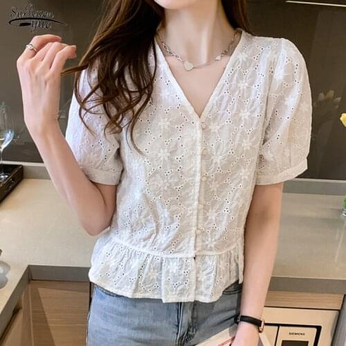 2021 New Embroidery Floral Short Sleeve Lace Blouse Women Summer V Nevk Women Tops Slim Hollow Out Stitching Sweet Shirt 14166