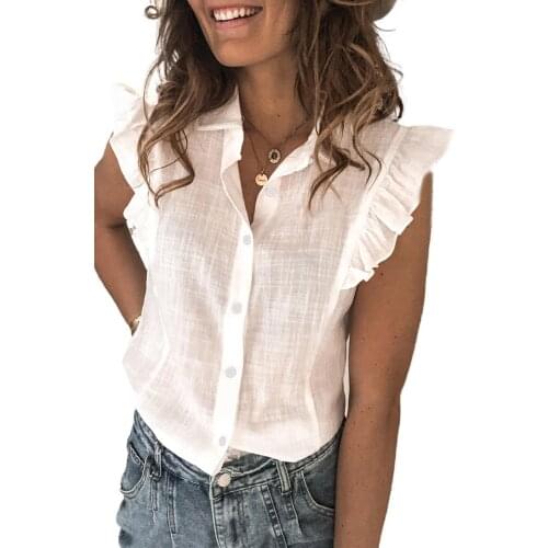 Sky Blue/Pink/White Sleeveless Button Closure Ruffled Linen Shirt Women Finished with a Classic Button Elegant Blouse Shirts