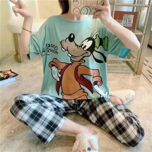 Girl cartoon Donald Duck Lion King squirrel print pajamas women loose short-sleeved trousers suit cute sweet pajamas home set