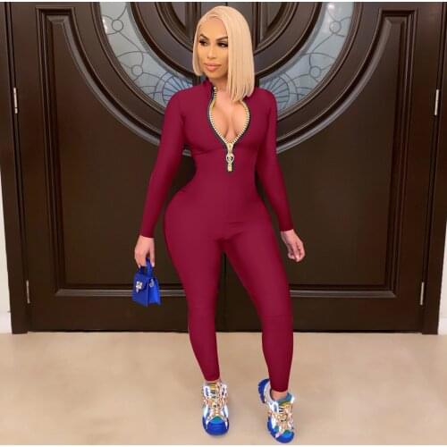 Zipper Front Skinny Rompers Womens Jumpsuit Autumn Long Sleeve Cleavage One Piece Overalls Activewear Workout Stretchy Outfits