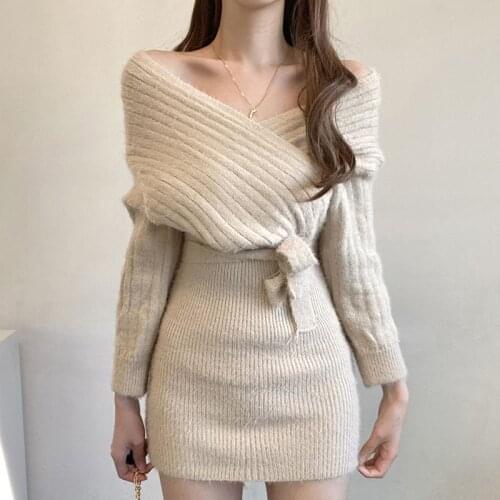 Elegant Cross V Neck Long Sleeve Knitted Bodycon Dress Women Autumn 2021 Slim Waist Casual Vestidos Solid All Match Robe Femme