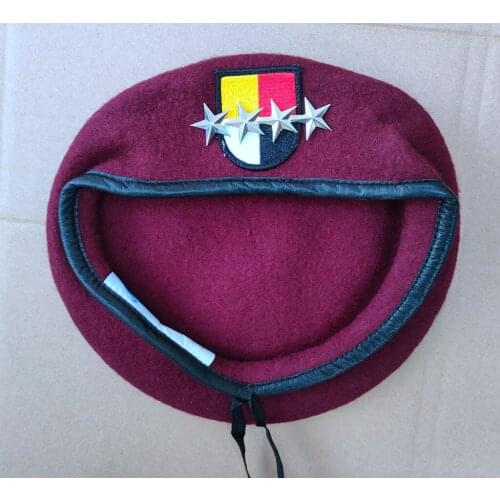 U.S. Army 3th Airborne Special Forces Group Wool Purplish Red Beret OFFICER 4 STAR GENERAL RANK INSIGNIA Military Hat