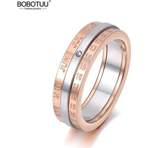 BOBOTUU Rotatable Ring Silver & Rose Gold Color Monthly Calendar Jewelry With Single Cystal Stainless Steel Ring Anneau BR18133