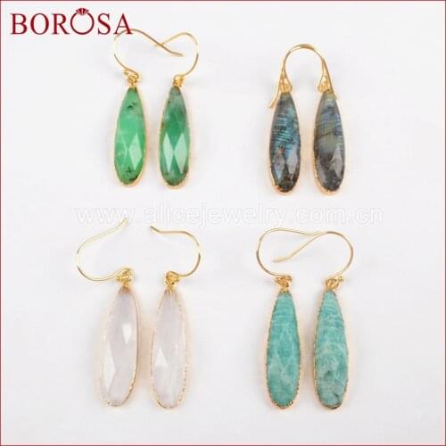 BOROSA Druzy 5pairs Gold Color Teardrop Multi-kind Stone Faceted Earrings,Gems Crystal Amazonite Stone Charms Earrings G1524-E