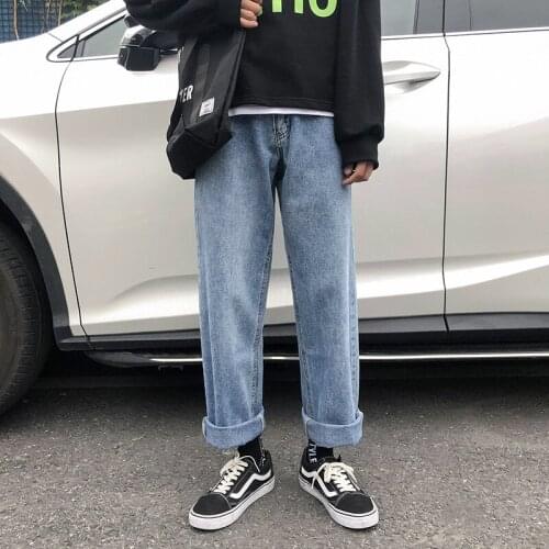New Fashion Hip Hop Straight Jeans Mens Vintage Printed Wide Leg Denim Trousers Loose Casual Teens Boys Male Streetwear Pants