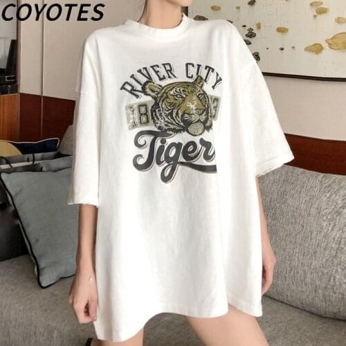 COYOTES Womens T-Shirts Cartoon Tigers Print O-Neck T-Shirt Women Harajuku Korean Style Tee Trendy Loose Simple Ladies Black